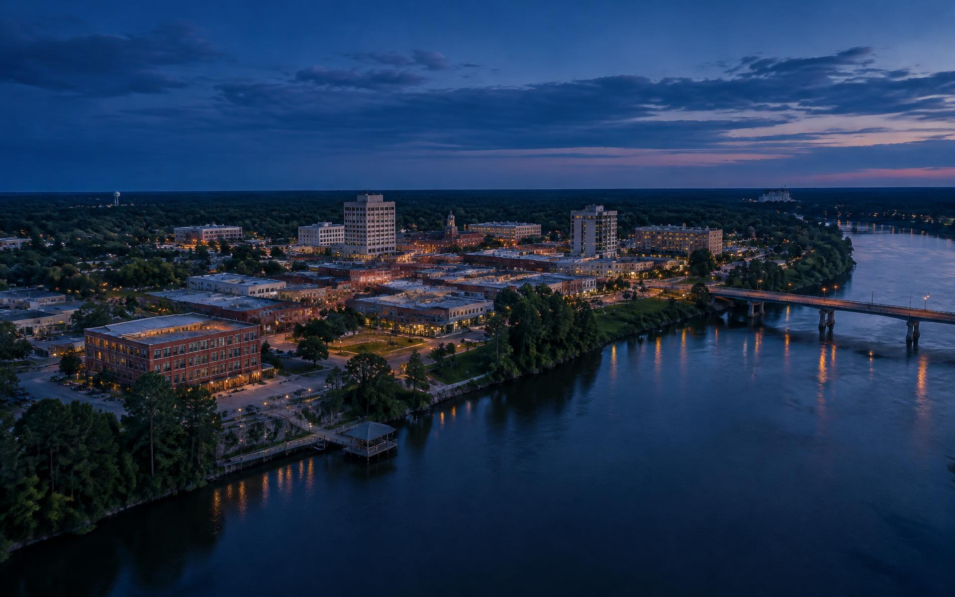 Aerial view of a riverfront city skyline at dusk; illustrative image